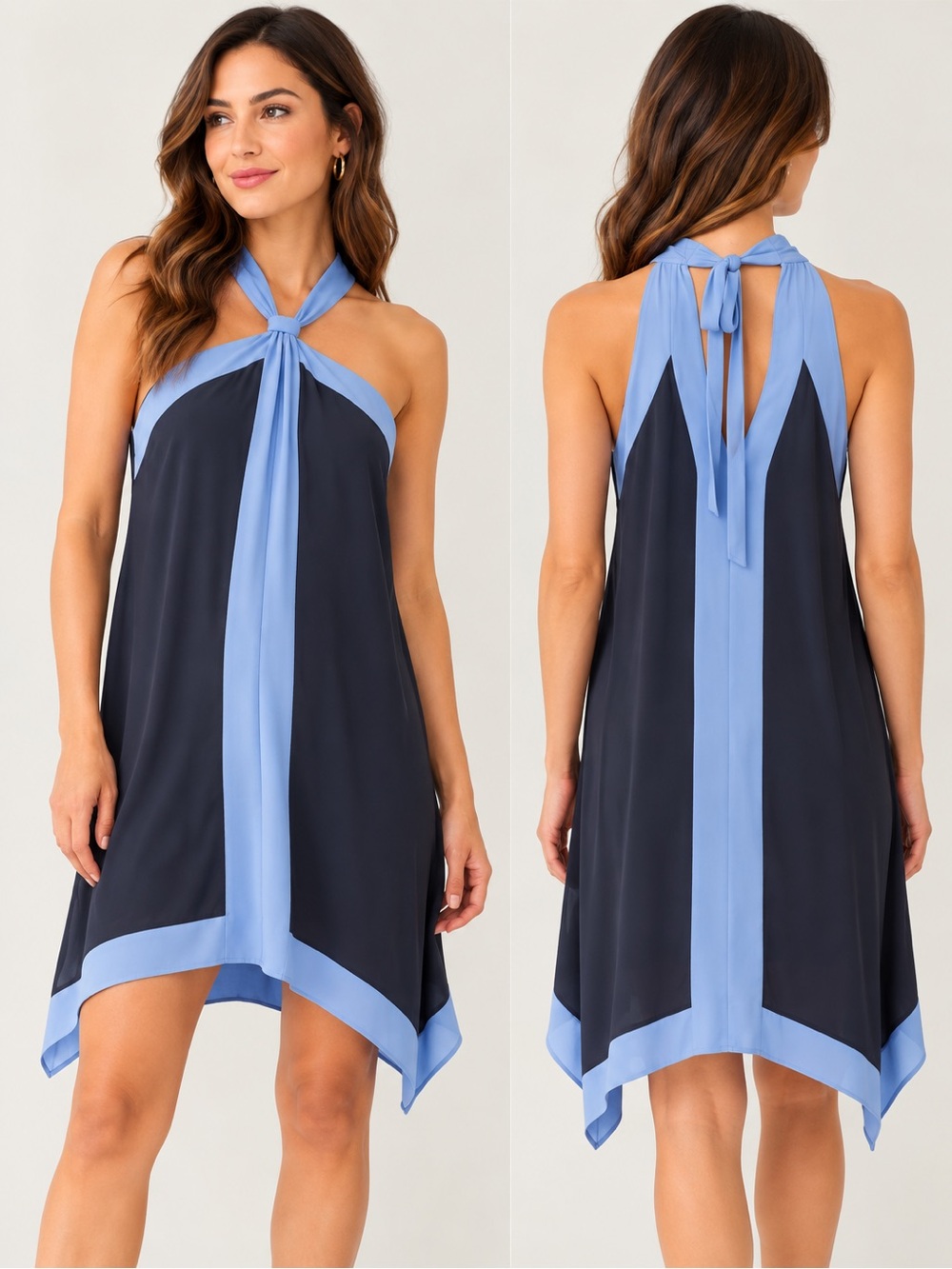 BCBGMAXAZRIA Alma Navy Colorblock Halter handkerchief Dress M Wedding Vacation